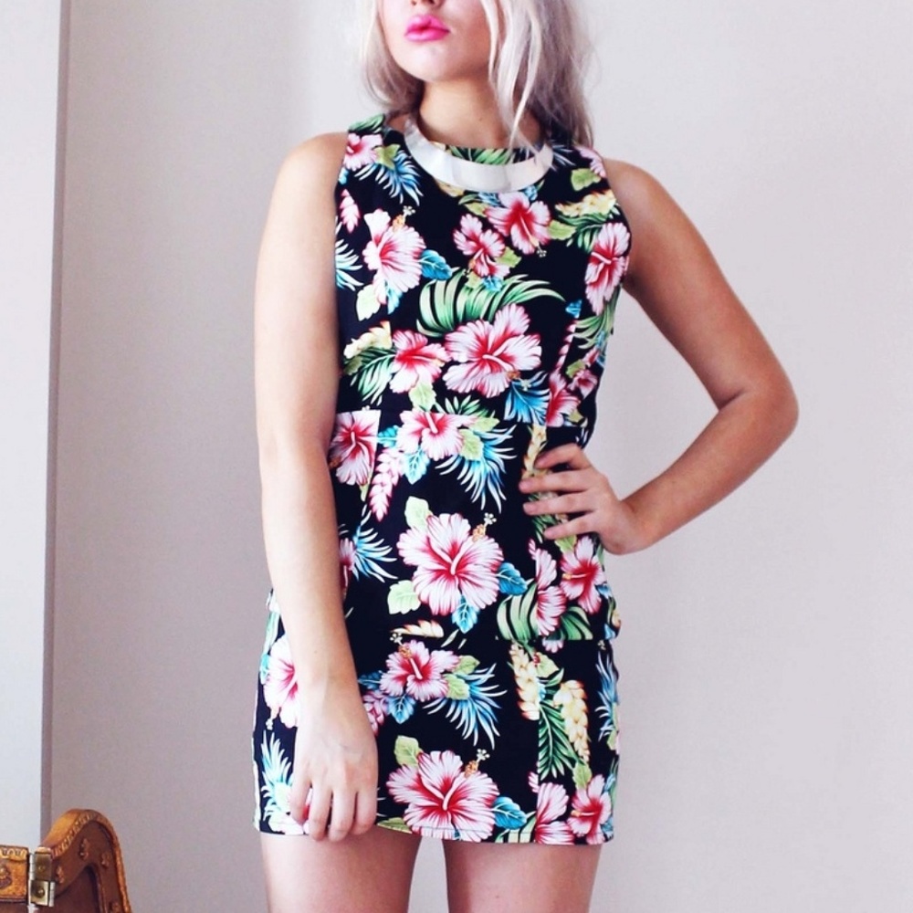 Black Floral Mini Sleeveless Dress XS Romwe